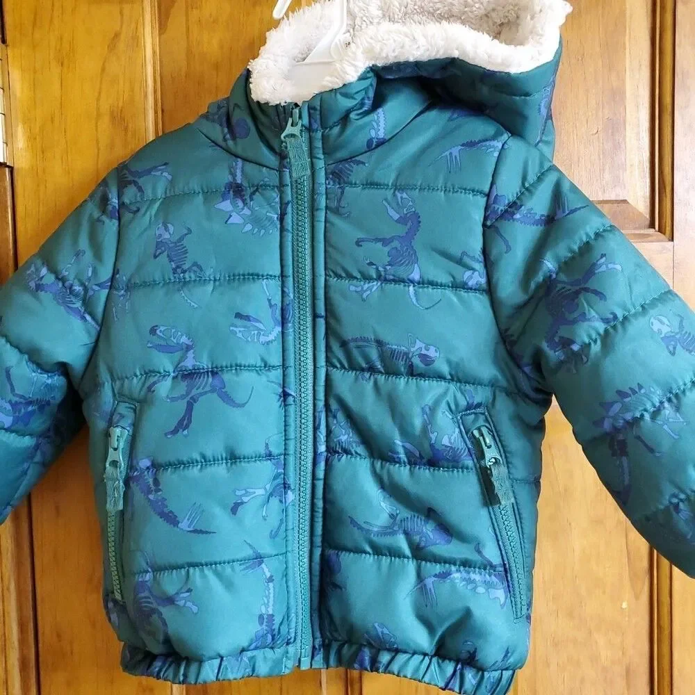 OshKosh B'gosh 18M Puffer Jacket Toddler Boys Teal Dinosaur Skeleton Hooded Coat